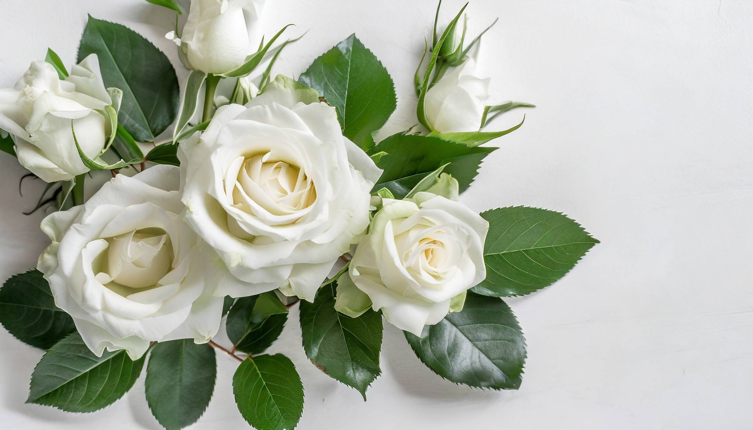 weiße rosen vor einem weißen hintergrund mit grünen blättern wie als hochzeitsdekoration
